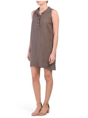 Stella Martini brown linen sleeveless mini shirt dress Made in Italy